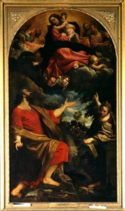 聖ルカとアレキサンドリアの聖カタリナへの聖母の出現 Annibale Carracci または Annibal Carrache (1560-1609)の絵画。1592.日。2,26x4,01 m パリ、ルーヴル美術館。 作： Annibale Carracci