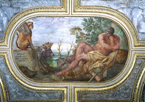 ヘラクレスとケルベロスとスフィンクス、「カメリノ」から、1596 作： Annibale Carracci