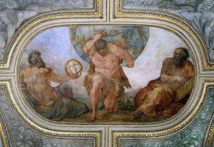 ヘラクレスはアトラス（カメリーノのフレスコ画）の天国の金庫を持っています。 1596