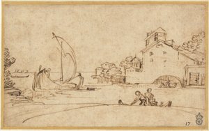帆船のある河口の人物のある風景 作： Annibale Carracci
