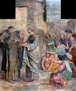 バラの奇跡 - スペインのフランシスコ会修道士アルカラの聖ディエゴ (1400-1463) は、食料の窃盗で告発され、貧しい人々に与える習慣の中に隠されていた食料がバラに変わったことを発見しました - アンニーバレ・カラッチによる絵画 (Annibale Carracci (Annibale Carracci) 作： Annibale Carracci