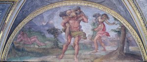 1596年、カメリーノから、バーニング・トロイから逃げたアイネイアスが父親のアンキセスを運んで、続いてアスカニウスが母親を運んでいる様子を描いたルネット 作： Annibale Carracci