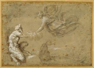 ダイアナに羊毛を渡すパン（ペン＆ブラウンインク、ブラウンウォッシュ 作： Annibale Carracci