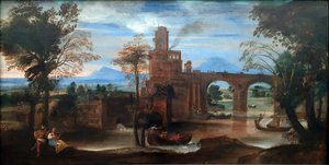 砦と橋のあるローマの川の風景 作： Annibale Carracci