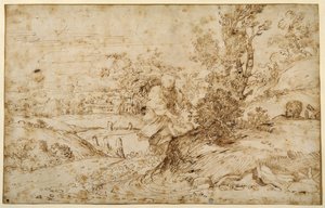 フライトからの帰還」（紙にペン、茶インク 作： Annibale Carracci