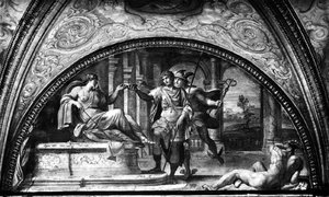 ユリシーズとキリエ、「カラッチの広間」のリュネット 1597-1604年（フレスコ画） (モノクロ写真) 作： Annibale Carracci