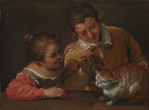 en猫をからかう2人の子供 作： Annibale Carracci
