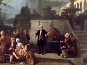 イタリアの劇作家カルロ・ゴルドーニ（1707-1793）が、ピサのスコット庭園にあるコロニア・アルフェア（ピサのアルカディア・アカデミーに相当）のメンバーの前でソネットを宣言する様子 Painting by Annibale Gatti (1828 - 1909)
