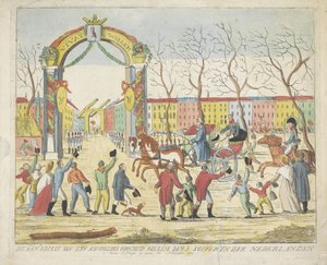 オラニエ公のハーグ到着、1813年 1813 年 11 月 30 日のウィレム殿下 1 souvyn der Nederlanden benne S: Hage の到着 (オブジェクトのタイトル) 作： Anonymous