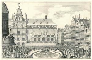 Afkondiging van de Vrede van Munster te Antwerp、1648 あなたのKM間の平和の出版物。 ヒスパニアの、および de[r] 統一されたオランダ。 A.O. 1648 年 6 月 5 日、アントルフで行われた (オブジェクトのタイトル) Publicatio Pacis, conclusae inter Regem His