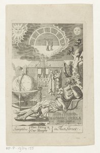Ambrosius Theodosius Macrobius leunend op steen naast グローブ 金 セオド。 Macrobius Opera Cum Notis (オブジェクトのタイトル) タイトル: Ambrosius Theodosius Macrobius, Aur. テオドシウス・マクロビウス V. Cl. ＆イラストリアスワークス、1694 作： Anonymous