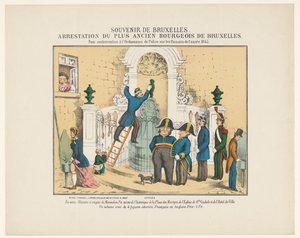 小便小僧の逮捕、1845 年 ブリュッセルのお土産。 ブリュッセル最古のブルジョアの逮捕。 1845 年の Pissoirs に関する警察条例違反 (オブジェクトのタイトル) 作： Anonymous