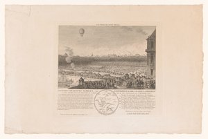 Ballonvlucht door de heren Charles en Robert van Parijs naar Beaumont, gezien vanaf de Tuilleriën, 1783 年 12 月 1 日 セカンドエアトラベラー、またはMMの経験。 シャルルとロベール、12 月 1 日にパリのチュイルリー宮殿の王立庭園のパルテールで行われました 作： Anonymous