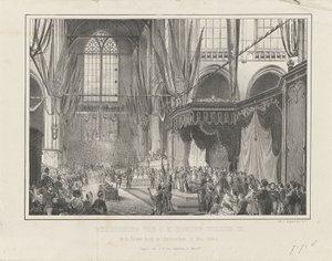 H.M. 国王ウィレム 3 世の宣誓。 1849 年 5 月 12 日、アムステルダムの新教会 (オブジェクトのタイトル) 作： Anonymous