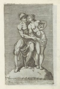 Beeldengroep は Mercurius en een godin に会いました ファルネシア宮殿で女性を抱きしめるマーキュリーの像 (オブジェクトのタイトル) ローマのアンティーク彫刻（シリーズタイトル） 公共の場で見られるローマ市の古代彫像のアイコン (シリーズ タイトル) 作： Anonymous