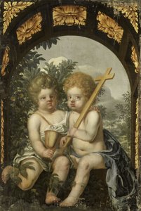 十字架と聖杯を持つ 2 人の子供を持つキリスト教の寓話 作： Anonymous