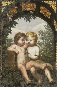 聖書とヘビを持つ 2 人の子供を持つキリスト教の寓話 作： Anonymous