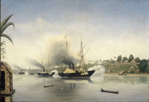 1858 年 9 月 8 日の政府海軍艦船「セレベス」、「アドミラル ファン キンスベルゲン」、「オンルスト」によるジャンビ スルタンのクラトンの砲撃