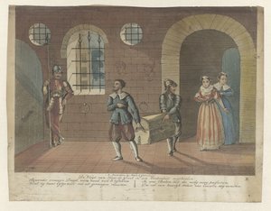 ヒューゴ デ グルートが隠されている本棚は、1621 年にスロット レーベスタインの手漕ぎボートに運ばれました。 本棚にヒューゴ・デ・グルートのヴラグトを隠す (オブジェクトのタイトル) 作： Anonymous