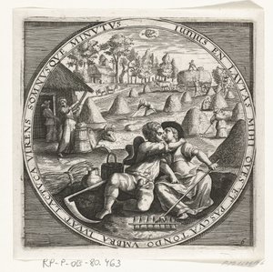 De maand juni, hooimaken, ca. 1600 De twaalf maanden van het jaar verbeeld in scènes uit het volksleven (シリーズ タイトル) 12 ヶ月のスキームとその操作、および干支への適用、1 年を 4 つの部分に分割 (オブジェクトに関するシリーズ タイトル) 作： Anonymous
