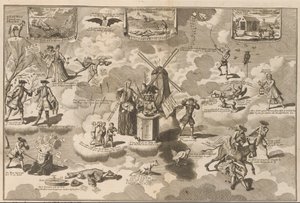 リンギングチェアで敗北した行動主義者、1720年 リンゲルスと一緒に椅子に座っている敗北した行動主義者は、月桂樹のトロイの馬に説得されました (オブジェクトのタイトル) The Great Table of Folly (シリーズタイトル) 作： Anonymous