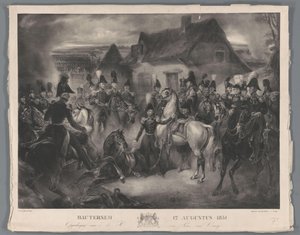 1831 年 8 月 12 日、ブーテルセムの戦いで負傷したオラニエ公 (後のウィレム 2 世) の馬の代わり Bautersem 1831 年 8 月 12 日 (オブジェクトのタイトル) 作： Anonymous