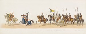1873年のデルフト行列（最初のプレート） 1873 年 7 月 8 日に Delftsche Studentencorps のメンバーによって開催された衣装を着た行列で、以下を描写しています。 作： Anonymous