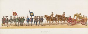 1873 年のデルフト パレード (第 9 プレート) 1873 年 7 月 8 日にデルフト学生隊のメンバーが開催した衣装を着た行進。以下を描いたもの: 作： Anonymous