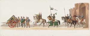 1873 年のデルフト パレード (10 番目のプレート) 1873 年 7 月 8 日に Delftsche Studentencorps のメンバーによって開催された衣装を着た行列で、以下を描写しています。