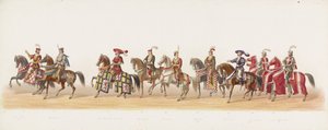 1873 年のデルフト パレード (7 番目のプレート) 1873 年 7 月 8 日にデルフト学生隊のメンバーが開催した衣装を着た行進。以下を描いたもの: 作： Anonymous