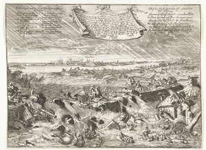 Coevorden近くのDijkdoorbraak、1673年 ミュンスター司教の布告により、どのように、どのような形をとったかを示す (...) (オブジェクトのタイトル)