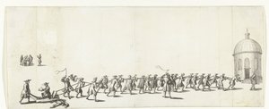 ドミニクスは、1683年から1684年まで、ラウンドルーテル教会に手押し車で引っ張られています 作： Anonymous