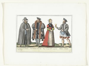 ドイツのファッションに合わせて服を着た 3 人の男性と 1 人の女性、1580 年頃 コスチューム アルマン (オブジェクトのタイトル) 作： Anonymous