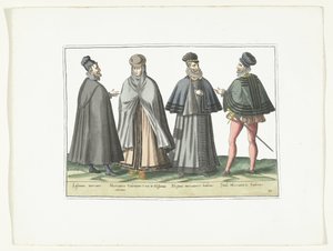 外国のファッションに合わせて着飾った 3 人の男性と 1 人の女性、1580 年頃 Modes étrangeres (オブジェクトのタイトル) 作： Anonymous
