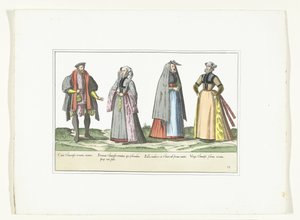 ドイツのファッションに合わせて服を着た 3 人の女性と 1 人の男性、1580 年頃 コスチューム アルマン (オブジェクトのタイトル)