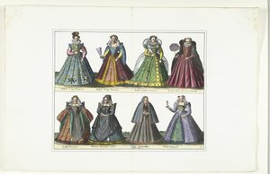 フランスのファッションに身を包んだ 8 人の女性が描かれたダブル プレート、1580 年頃 フランセの衣装 (オブジェクトのタイトル) 作： Anonymous