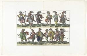 1580 年頃、アントワープのファッションに合わせて制服を着た 13 人の武装した市民の二重プレート Bourgeois d