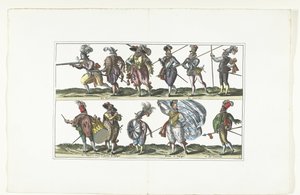 1580 年頃、アントワープのファッションに合わせて制服を着た 11 人の武装した市民の二重プレート ブルジョワ・ダンヴェール、スー・レ・アームズ（スイート）（オブジェクトのタイトル） 作： Anonymous