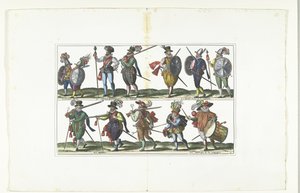 1580 年頃、アントワープの流行に合わせて武装した 12 人の市民が制服を着たダブル プレート ブルジョワ・ダンヴェール、スー・レ・アームズ（オブジェクトのタイトル） 作： Anonymous