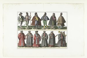 フランスのファッションに合わせて服を着た 12 人の男性が描かれたダブル プレート、1580 年頃 フランセの衣装 (オブジェクトのタイトル) 作： Anonymous
