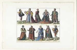 英国式の服を着た 5 人の男性と 5 人の女性のダブル プレート、1580 年頃 衣装アングレ (オブジェクトのタイトル) 作： Anonymous