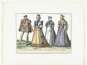 1580 年頃、ダンツィヒでドイツのファッションに合わせて服を着た男性と 3 人の女性 コスチューム アルマン (オブジェクトのタイトル)
