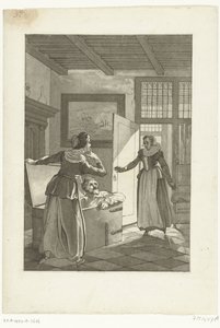 Elsje van Houweningen が本棚で Hugo de Groot を捕まえる、1621 年 作： Anonymous