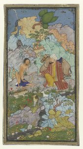 Laila と Majnun のラブ ストーリーからのエピソード、やせ衰えた Majnun は、男とラクダと一緒に風景の中に座っています。 作： Anonymous