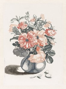 ガラスの花瓶の花の 5 つのプリント 花が入ったガラスの花瓶、その花びらの横に 作： Anonymous
