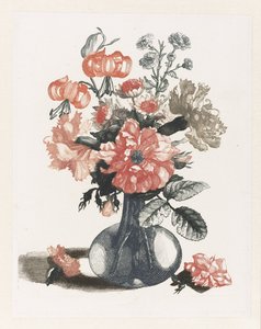 ガラスの花瓶の花の 5 つのプリント 花が飾られたガラスの花瓶、その横には左右に花が 作： Anonymous