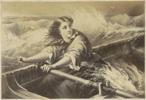 嵐の中でボートを漕いでいる女性を描いた（おそらく）版画の複製写真 作： Anonymous