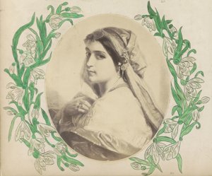 スカーフをかぶった女性を描いた（おそらく）版画の複製写真 作： Anonymous