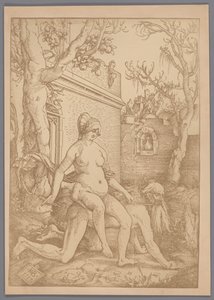 Hans Baldung Grienによる木版画のアリストテレスとフィリスの写真複製 作： Anonymous