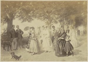 公園を散歩する女性と男性の絵の複製写真 作： Anonymous